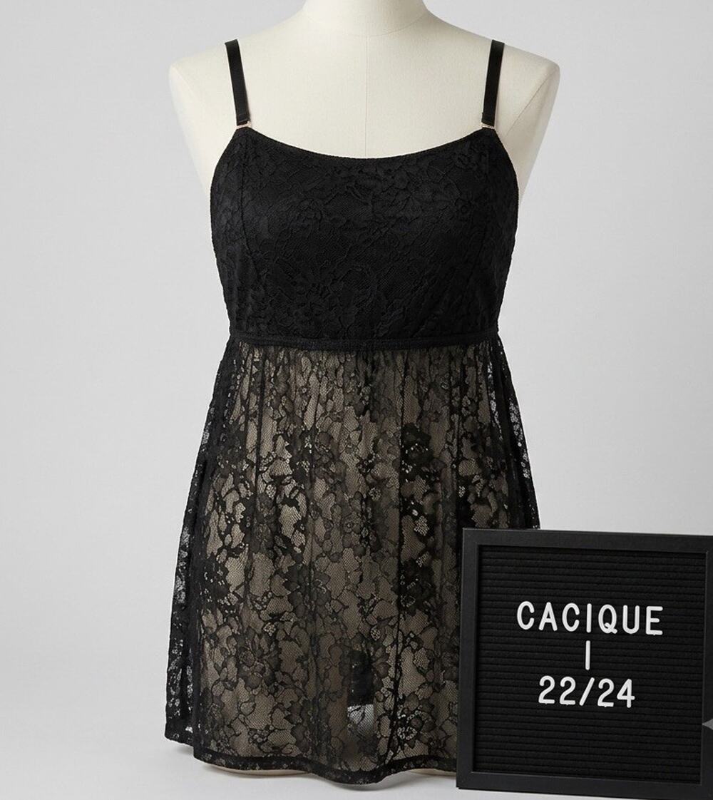 Cacique Lane Bryant Black Sheer Floral Lace Babydoll Chemise Lingerie 22/24